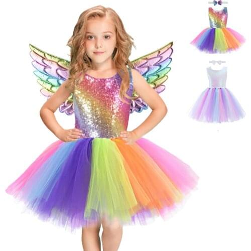 Sequins Unicorn Costume for Girls Halloween Birthday Party Princess Unicorn Dress Up Outfit Pastel Flowers Tulle Kids Tutu Dress