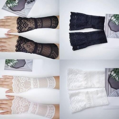 Lace Hollow Fake Sleeves Party Bowknot Fingerless Gloves Women Halloween Gothic Black Lace Wrist Cuffs Shirts Fake Arm Sleeves