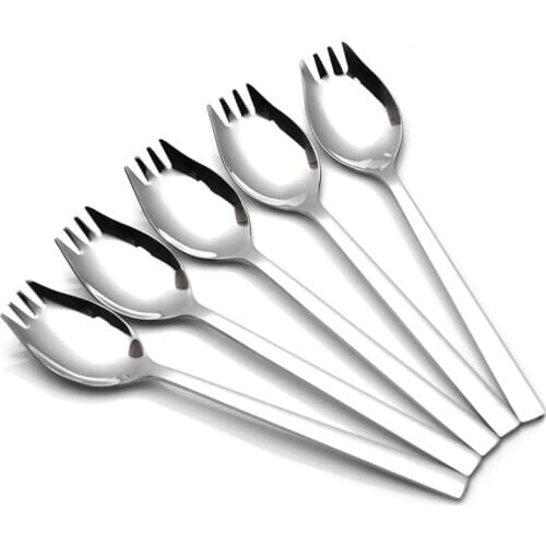 5pcs 100% Real Stainless Steel Sporks 2 in 1 Kitchen Gadgets Accessories Salad Dessert Spaghetti Spoon Fork Combo Kitchen Tools