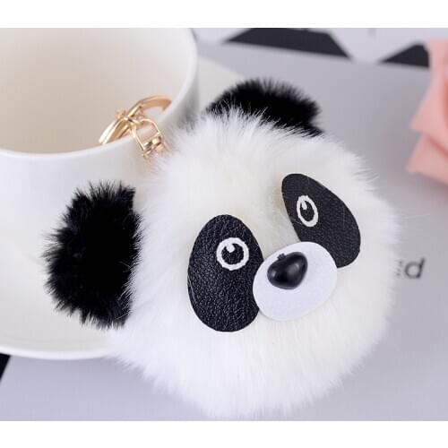 Cute Girl Fluffy Rabbit Fur Pompon Ball Panda Keychain Women Plush Fur Pom Pom Bear Key Chain Bag Car Trinket Jewelry Party Gift