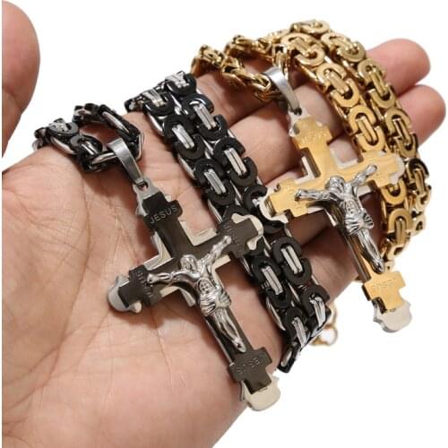 Fashion Stainless Steel Two-tone Cross Pendant Necklace with Byzantine Chain for Men Boy 8.5MM width