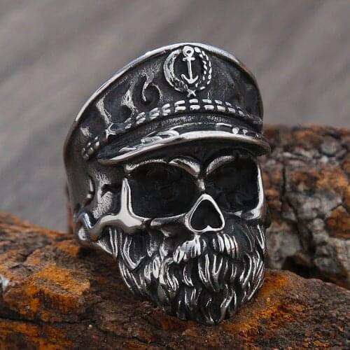 Gothic Big Beard Military Officer Navy Captain Skull Rings Stainless Steel Skull Biker Ring Fashion Punk Jewelry Men Wholesale
