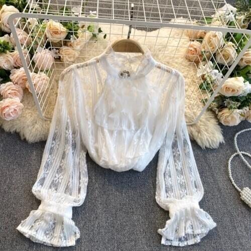 New Transparent Korean Loose Women Lace Blouse 3 Colors Female Bottoming Blouses Plus Size Cheaper Tops NW152