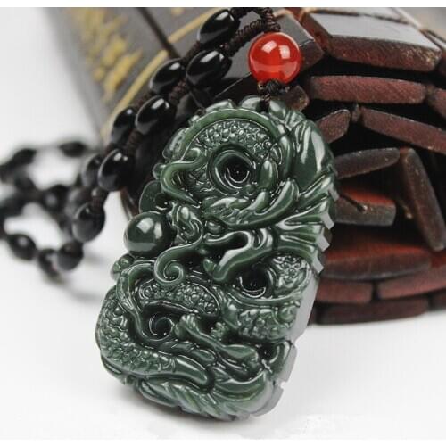 New Green Hetian Stone Pendant 3D Carved Chinese Dragon Pendants With Beads Necklace Women Mens Amulet Nephrite