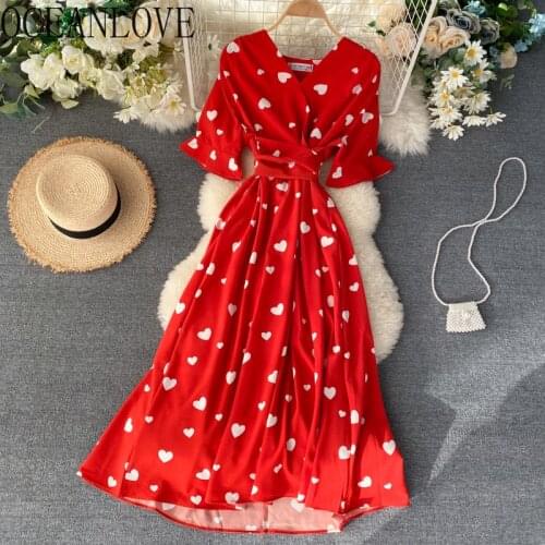 OCEANLOVE Print Elegant A-line Vestidos V Neck High Waist Fashion Korean Vintage Dresses Short Sleeve Summer Dress Women 14558