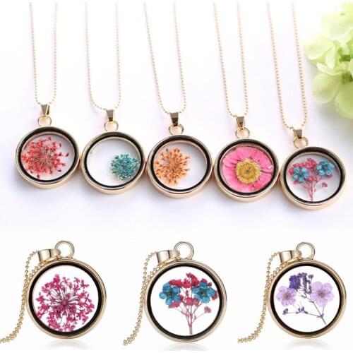 Popular Korean Round Pendant Necklace Womens Long Gold Bead Chain Colorful Specimen Dried Flower Necklace Jewelry For Girls