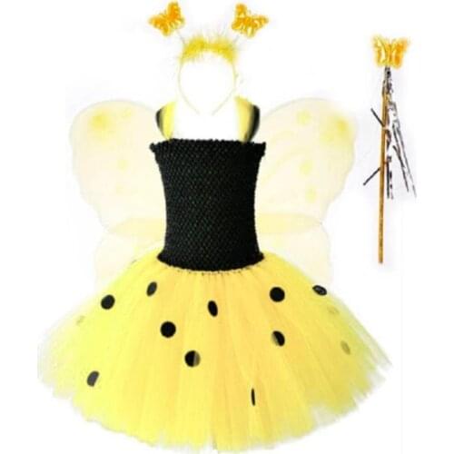 2020New Girls yellow Butterfly Fairy Tutu Dress Kids Crochet Flower Dress Tulle Ball Gown with Wing Children Party Costume Dress
