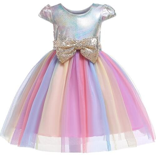 Tutu Princess Dress The New Cute Mesh Cotton Dress for Girls Bow Stage Party Rainbow Colorful Kids Dresses for Girls Clothes