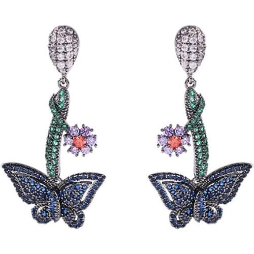Micro Pave Cubic Zirconia Women Fashion Wedding Earings 18K Gold-Plated Bridal Jewelry Statement Flower Butterfly Earrings