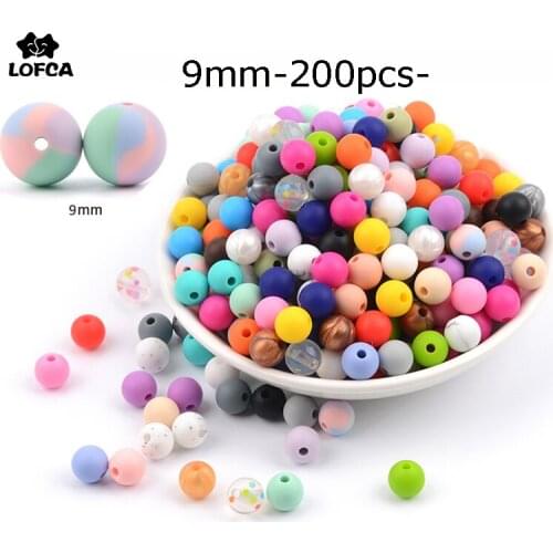 LOFCA 200pcs/lot 9mm Silicone beads Loose Teether Beads BPA Free Food Grade Baby Teether Chew DIY Jewelry Necklace Making