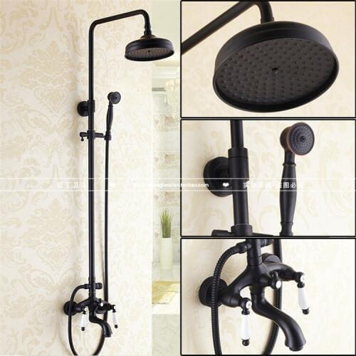 Bathroom Black Oil Paint Solid Brass Bathtub Shower Set Wall Mounted 8" Rainfall Shower Mixer Tap Faucet 3-functions Mixer Valve
