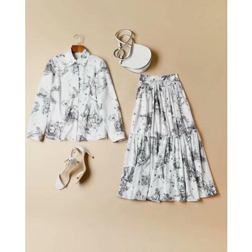 European and American womens clothing new 2021 spring Long sleeved animal print shirt Pleated skirt Fashion suits