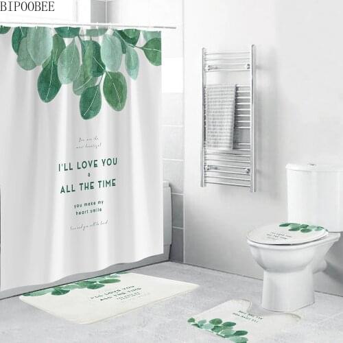 Green Plants Leaf Fabric Shower Curtains Bathroom Curtain Leaves White Printing Toilet Cover Flannel Anti-slip Rug Bath Mats