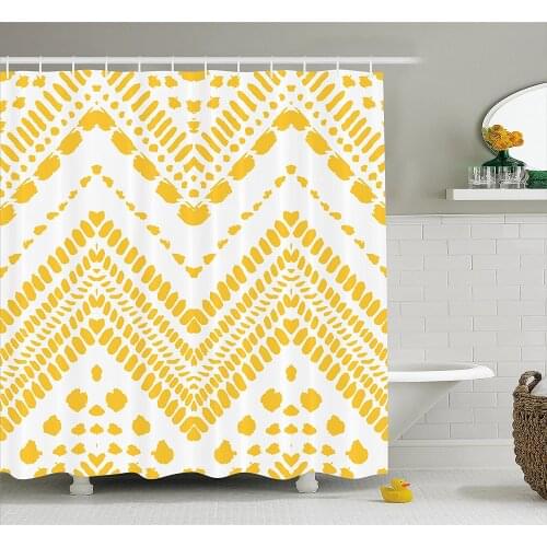 Yellow Chevron Shower Curtain Hand Drawn Tribal Aztec African Ethnic Motif with Dashed Lines Bathroom Waterproof Curtains