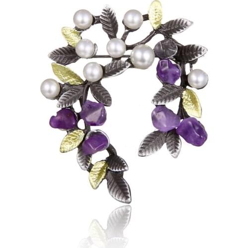 Colorful Natural Stone Leaf Brooches Pins Vintage Style Imitation Pearl Big Women Brooch Wedding Accessories Jewelry