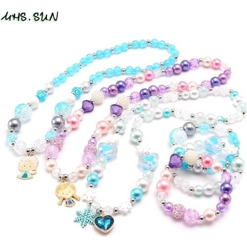 MHS.SUN Newest Girls Beaded Necklace Bracelet Charm Jewelry Princess Pendant Elastic Necklace For Kids Child Party Gift 1set