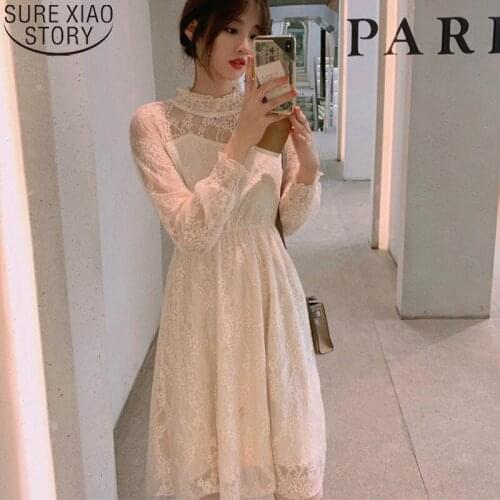 2021 Autumn High Waist Lace Long Dress Vintage Lace Dress Women Long Sleeve A-line Vestidos Feminino Stand Collar Dresses 11915