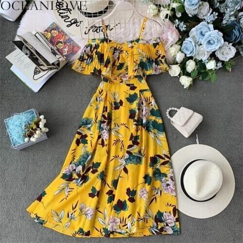 OCEANLOVE 2020 Summer Bohemian Print Dress Women A-line Ruffles Vestidos High Waist Slash Neck Dresses Sexy Robe Femme 12092