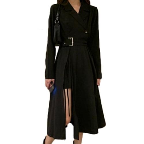 Gothic Womens Dresses New Spring Autumn Black Female Dress With Belt Split Long Sleeve V-neck Lady Trendy Slim Dress N711