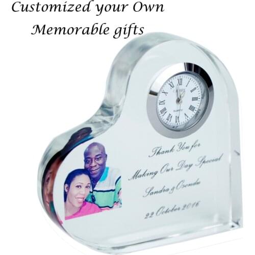 Free shipping 1 pc excellent cutting crystal heart clock customized engraving Photo Printing wedding Anniversary Favor gifts