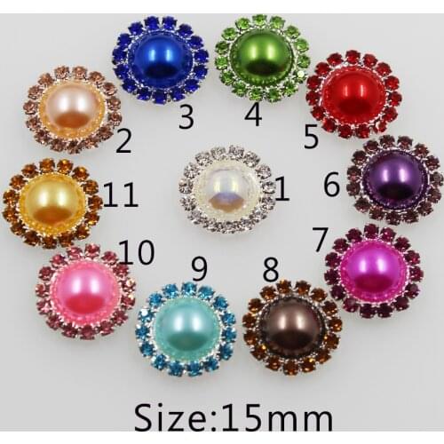 New 10Pc 15mm Colorful Wedding Flat Back Crystal Rhinestone Pearl Button Jewelry Accessory Hair Flower Center Scrapbooking