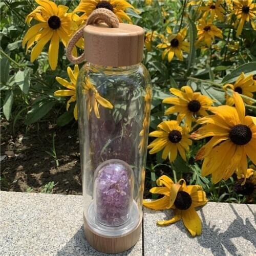 550ml natural amethyst quartz gravels healing crystal energy elixir drink water bottle glass cup gift with bamboo cover