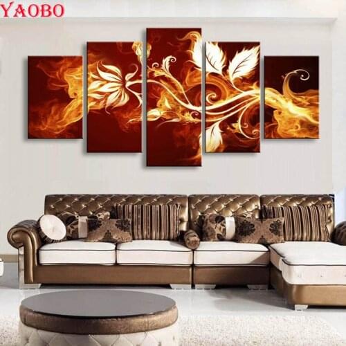5D Diy Diamond Painting Abstract Fire Flowers Full square round mosaic 3d picture of Rhinestone embroidery sale Wall Art 5 Pcs