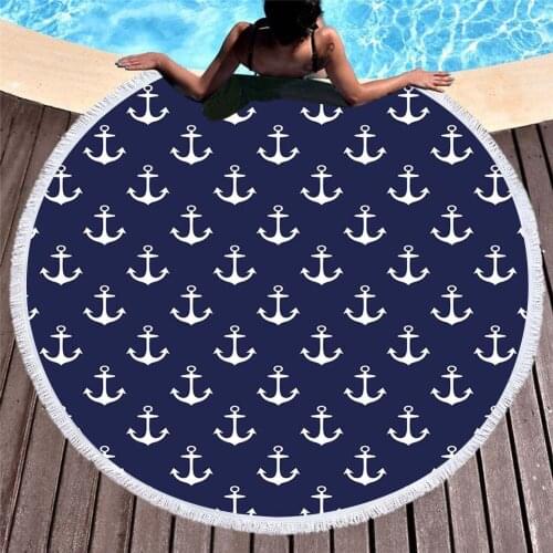 Free shipping Mediterranean Nautical Sea Anchor Ship Stripes Flower Pattern Fringed Large Round Bath beach towel Blanket 150cm