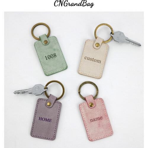 Free Personalized Keychain Genuine Vegetable Tanned Leather Key Holder Custom Letters Leather Square Keyring