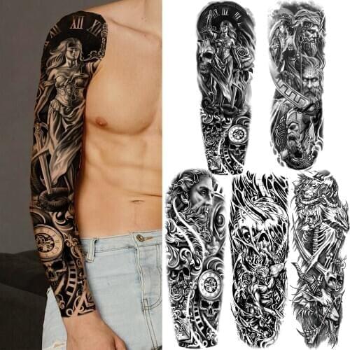Black 3D Compass Temporary Tattoos Sleeve For Men Women Fake God Demon Tattoo Sticker Warrior Devil Black Body Art Arm Tatoos