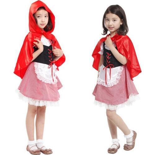 Kids Girls Little Red Riding Hood Costume Fancy Dress with Cloak Halloween Christmas Carnival Cosplay Clothes for Children