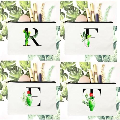 Cactus Plant Black Letters Women Makeup Bag Cosmetic Bag Travel Portable Canvas Environmental Protection Reusable Pencil Bags
