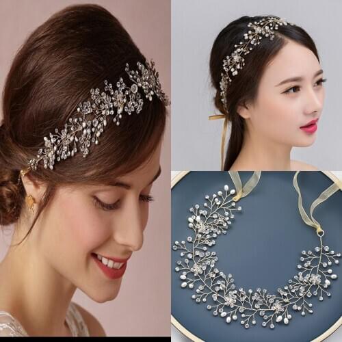Fashion Silver Color Gold Hair Jewelry Handmade Tiara Hairband Wedding Bride Headbands Pearl Crystal Hair Accessories For Women