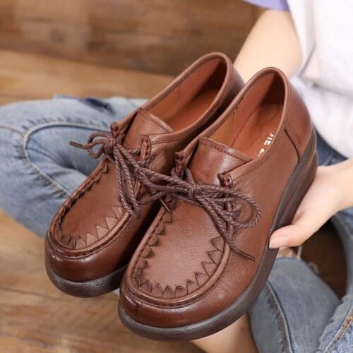 Women Flats Platform Shoes Handmade Genuine Leather Lace up women Moccasins Creepers slipony Female Casual flat Shoes