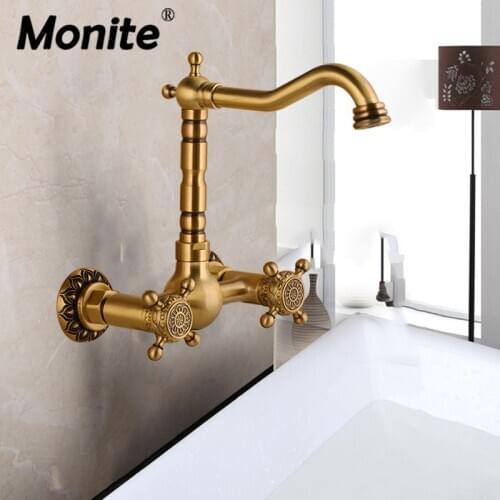 Monite 360 Rotated Antique Brass Bathroom Basin Sink Mix Tap Dual Handles Bathtub Wall Mounted Kitchen Basin Sink Mixer Faucet