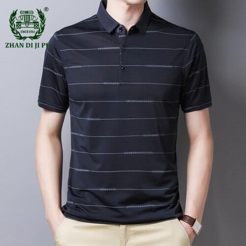 Mens Short-sleeved Polo Shirt Summer Casual Lapel Ice Silk Breathable Tops Male Business Commute Print Stripes Mens Short Shirt