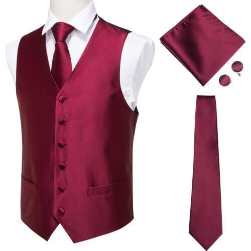 Hi-Tie 100% Silk Wine Red Mens Vest Suit Dress Vest Set For Men Red Smart Casual Male Waistcoat For Business Formal Jacket
