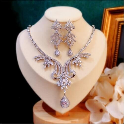 CC Jewelry Set Stud Earrings and Necklace 925 Sterling Silver Wedding for Bridal Pendant Luxury Bijoux Leaf Water Drop CCAS226