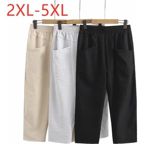 New Ladies Spring Summer Plus Size Cropped Pants For Women Large Casual Cotton Linen Pocket Black Straight Trousers 3XL 4XL 5XL