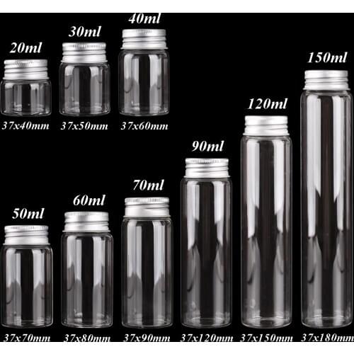 Wholesale 15pcs 20ml-150ml Glass Bottles with Aluminum Lids Diameter 37mm Candy Jars Pill Container 9 Sizes U-pick