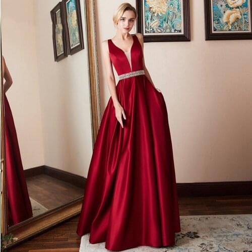 Burgundy Satin Sexy Evening Dress V-Neck Backless A-line Beaded Belt Special Occasion Formal Party Wedding Prom Gowns Sleeveless