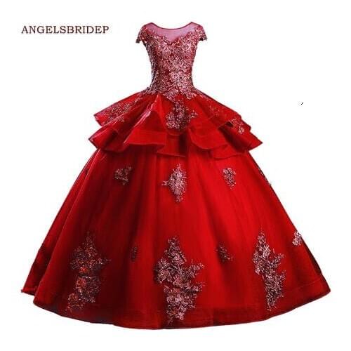 ANGELSBRIDEP Sheer Neck Quinceanera Dresses Vestidos De 15 Anos Applique Floor-Length Tulle Cinderella Birthday Party Gowns
