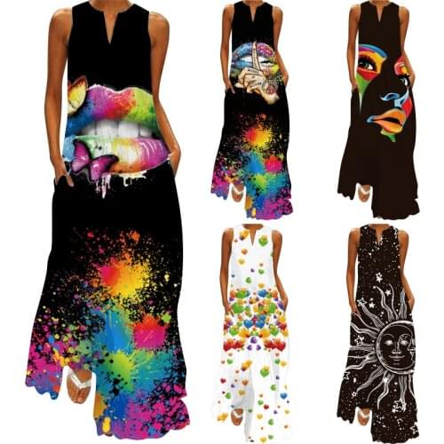 Casual Womens Summer Print Sleeveless Pocket Loose Dress 2021 Retro Plus Size Floral Maxi Dress V-Neck Sexy Female Long Dresses