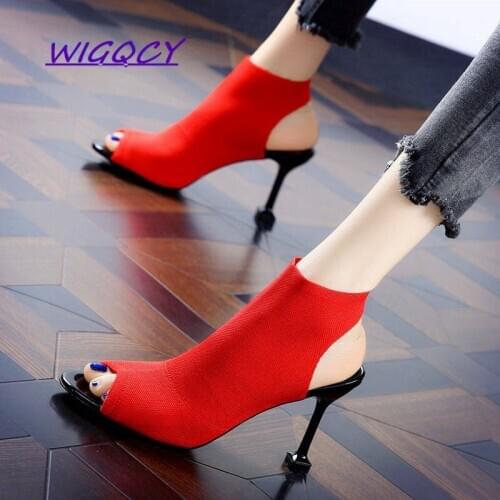 Knitted Elastic Mesh Peep Toe High Heel Sandals Women 2021 Summer Shoes Woman Europe Thin Heels Slip-On Open Toe female Shoes
