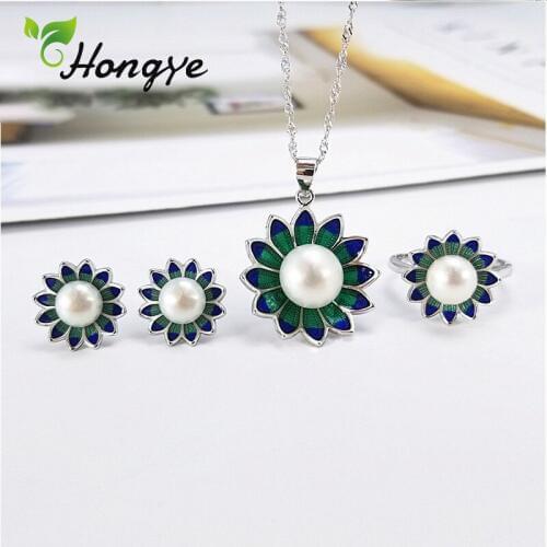 Hongye Fashion Green Floral Pearl Sets Sweet Girls Stud Earrings 925 Sterling Silver Adjustable Rings Luxury Jewelry Gifts Party