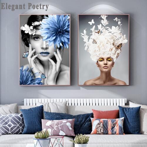 Scandinavian Flower Woman Wall Art Canvas Print Abstract Poster Painting Decoration Picture Nordic Modern Living Room Decor