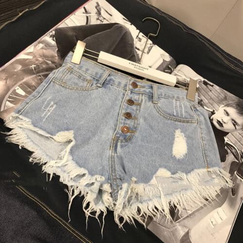2021 summer new net red denim shorts womens high waist wide legs breasted loose Korean version was thin, wearing hot pants