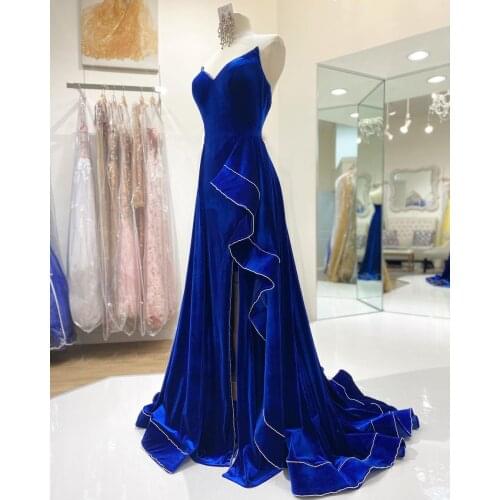 Royal-Blue Velvet Prom Dress 2021 Sexy Split A-Line Formal Evening Gowns Sweetheart Neck Backless Ruffles Layers Order-to-Made