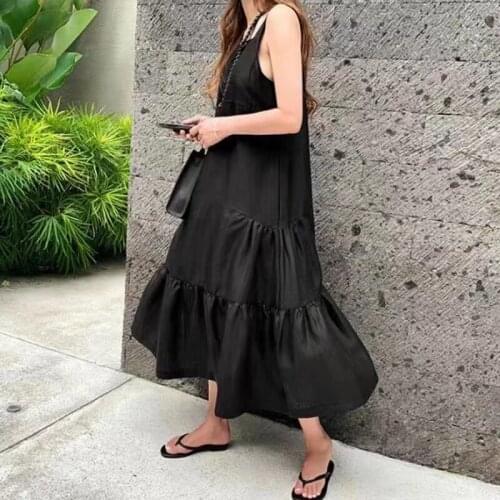 Square Collar Sleeveless Dress Summer Women Korean Cotton Long Dress for Women Solid Vintage Casual Loose Dresses Vestido 14465