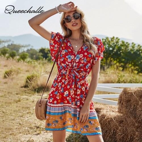 2021 Spring New Short Bandage Dress Women Casual V-neck Butterfly Sleeve Floral Print Dress Sexy Ladies Summer Mini Dress Red